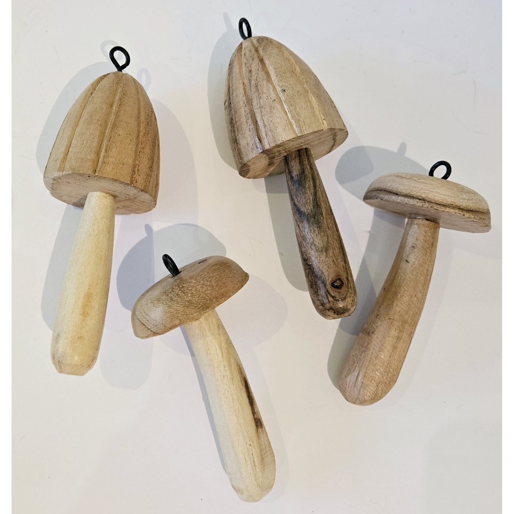 4 Mushroom Ornaments Natural Wood Mushrooms Cottagecore Country Christmas Decor